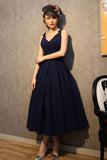 Vintage V Neck Nave Blue Satin Homecoming Dresses Party Dresses  PG183