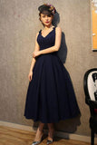 Vintage V Neck Nave Blue Satin Homecoming Dresses Party Dresses PG183 - Tirdress