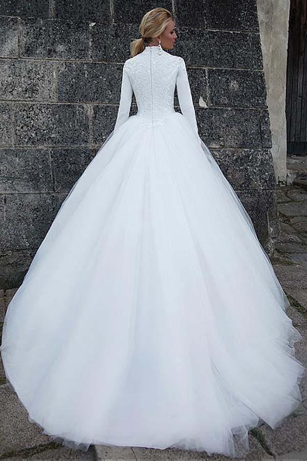 Vintage Satin High Collar Natural Waistline Ball Gown Wedding Dress WD190 - Tirdress