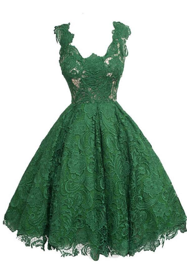 Vintage Scoop Knee-Length Sleeveless Hunter Lace Homecoming Dress TR0120 - Tirdress
