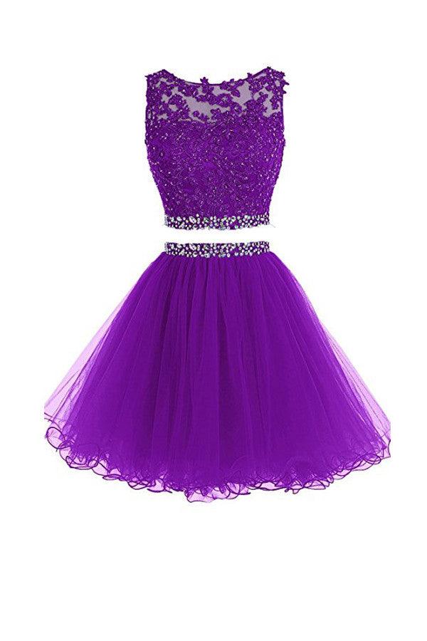Violet Two Piece Tulle Homecoming Dresses Short Prom Dresses With Beading TR0020 - Tirdress