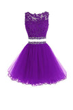 Violet Two Piece Tulle Homecoming Dresses Short Prom Dresses With Beading TR0020