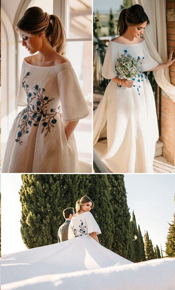 Wedding Dresses Bateau Embroidery Romantic Half Sleeve Bridal Gown TN241 - Tirdress