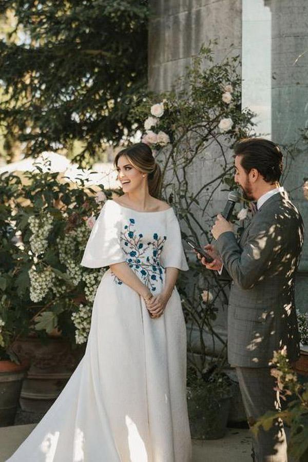 Wedding Dresses Bateau Embroidery Romantic Half Sleeve Bridal Gown TN241 - Tirdress