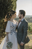 Wedding Dresses Bateau Embroidery Romantic Half Sleeve Bridal Gown TN241