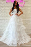 White Strapless Tiered A-Line Long Prom Evening Dress With Ruffles TP1204
