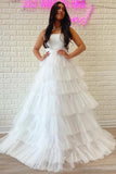 White Strapless Tiered A-Line Long Prom Evening Dress With Ruffles TP1204 - Tirdress