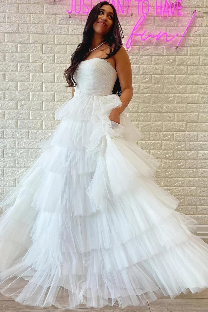 White Strapless Tiered A-Line Long Prom Evening Dress With Ruffles TP1204 - Tirdress