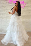 White Strapless Tiered A-Line Long Prom Evening Dress With Ruffles TP1204 - Tirdress