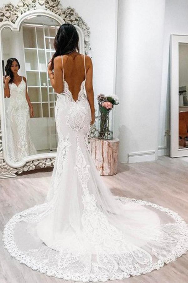 White Lace Tulle Mermaid Spaghetti Straps Court Train Wedding Dress with Appliques, TN115-Tirdresses Custom Color / US14 White Lace Tulle Mermaid Spaghetti Straps Court Train Wedding Dress with Appliques, TN115-Tirdresses Custom Color / US14