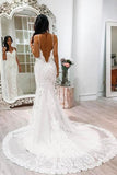 Ivory Lace Tulle Mermaid Spaghetti Straps Court Train Wedding Dress with Appliques, TN115