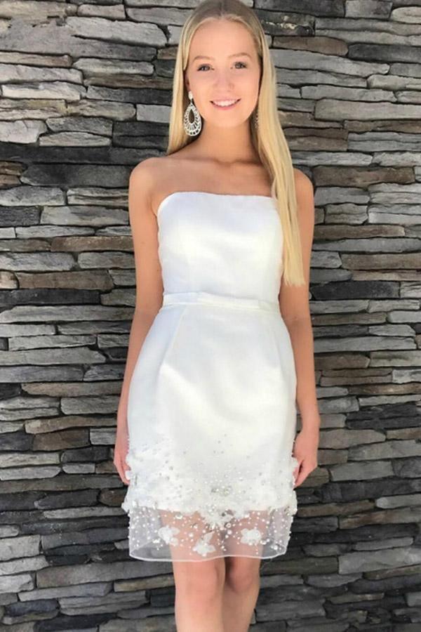 White Sheath Strapless Appliques Beading Short Homecoming Dress HD0072 - Tirdress