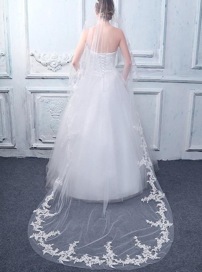 White Two Tier Cathedral Veil with Lace Appliques V001 - Tirdress