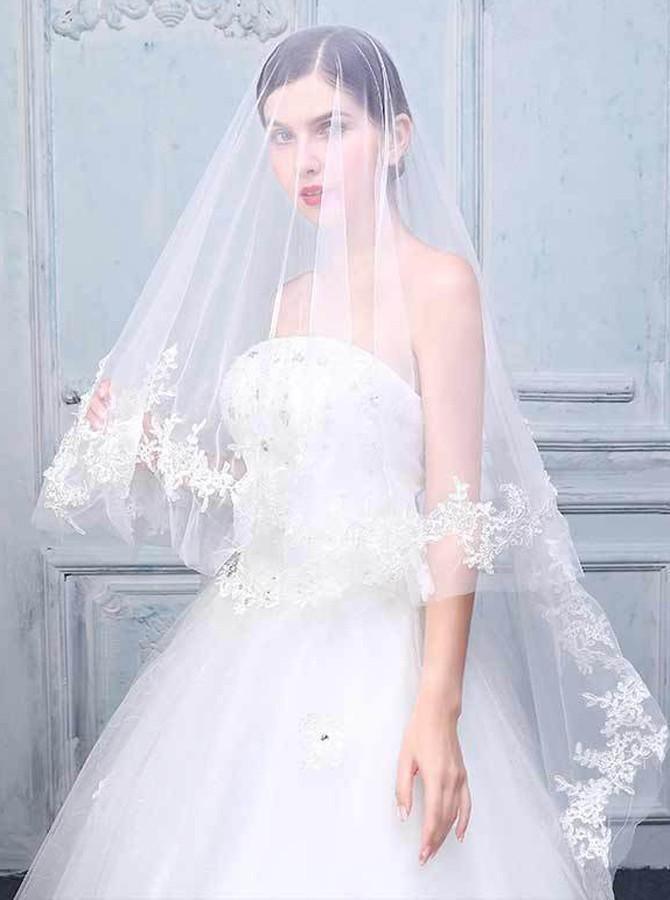 White Two Tier Cathedral Veil with Lace Appliques V001 - Tirdress