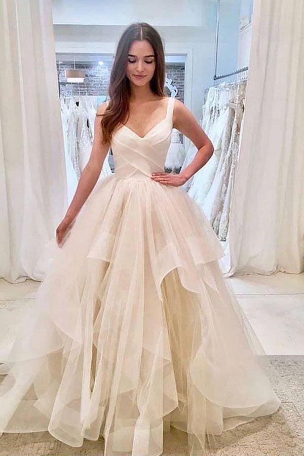 Ivory V Neck Tulle Long Prom Dress, Ivory Evening Dress TP0834 Custom Size As Picture