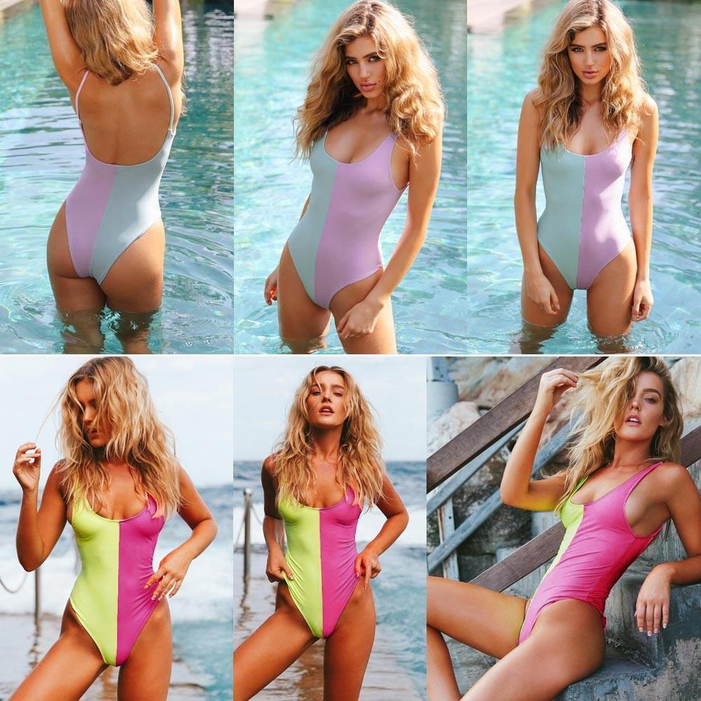 Cut Backless Swimsuit Color Block Low Neck One Piece Bathing Suits B010 - Tirdress