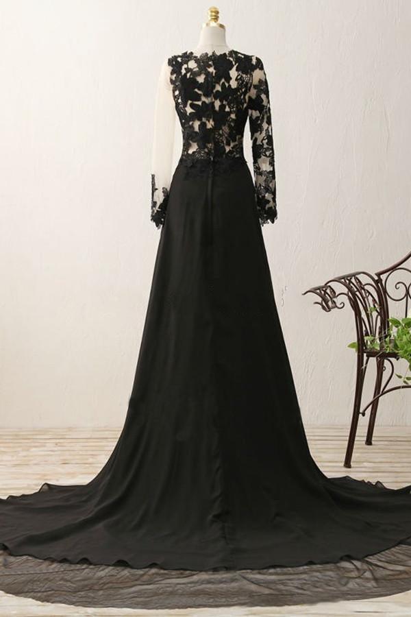 A-Line V-Neck Long Sleeves Split Black Prom Dress With Appliques TP0083 - Tirdress