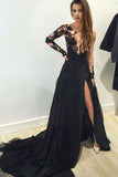 A-Line V-Neck Long Sleeves Split Black Prom Dress With Appliques TP0083