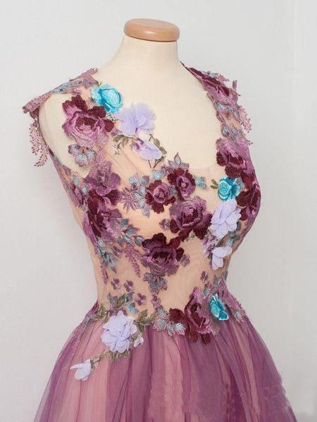A line Scoop neck Appliqued Burgundy Tulle Flower Prom/Party Dress TP0906 - Tirdress