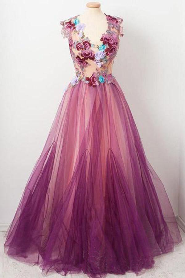 A line Scoop neck Appliqued Burgundy Tulle Flower Prom/Party Dress TP0906 - Tirdress
