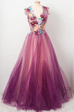 A line Scoop neck Appliqued Burgundy Tulle Flower Prom/Party Dress TP0906 - Tirdress