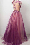 A line Scoop neck Appliqued Burgundy Tulle Flower Prom/Party Dress TP0906 - Tirdress