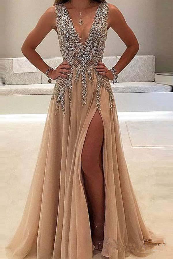 A line V Neck Evening Dress with Slit Sexy Long Prom Dresses TP0836 Tirdress A line V Neck Evening Dress with Slit Sexy Long Prom Dresses TP0836 Tirdress