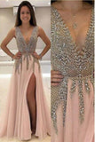 A line V neck Evening Dress with Slit Sexy Long Prom Dresses TP0836 - Tirdress