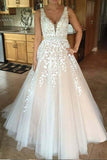 V neck Tulle Lace Long Wedding Dress,Tulle Ball Gown Prom Dress With Appliques TN155 - Tirdress