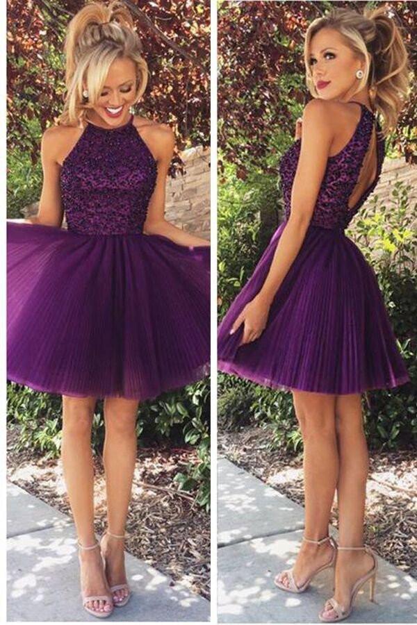 purple formal dresses short Backless Purple Tulle Homecoming Dresses Short Prom Dresses TR0156 Custom Color / US12