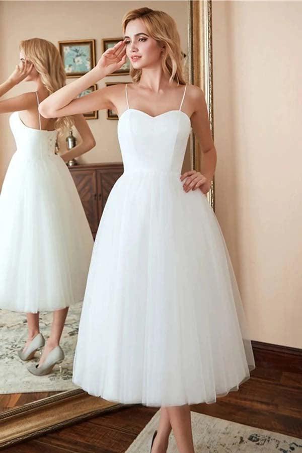 short wedding dress with spaghetti straps Tea Length Wedding Dresses Spaghetti Straps Beading A Line Satin Short Siaoryne