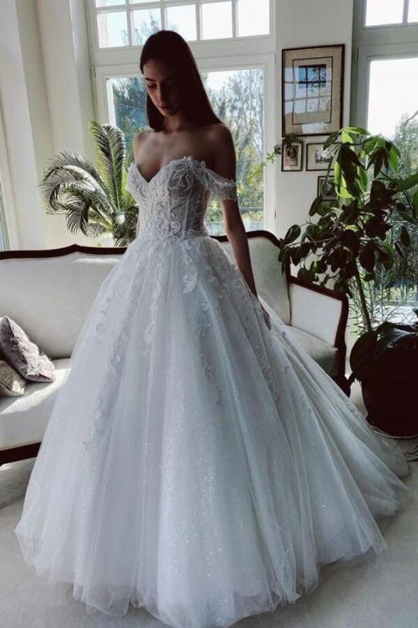 Tulle A-line Off-the-Shoulder Beaded Lace Wedding Dresses TN312 US18 / Ivory Tulle A-line Off-the-Shoulder Beaded Lace Wedding Dresses TN312 US18 / Ivory