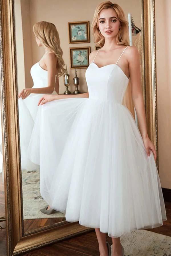 spaghetti strap short wedding dress Simple Ivory Satin V-Neck Sleeveless High Low Beach Wedding DressES