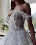 White Tulle A-line Off-the-Shoulder Beaded Lace Appliques Wedding Dresses TN312 - Tirdress