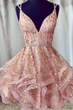Rosa kurzes Abendkleid mit Pailletten, Partykleid mit V-Ausschnitt, Abendkleid HD0118 