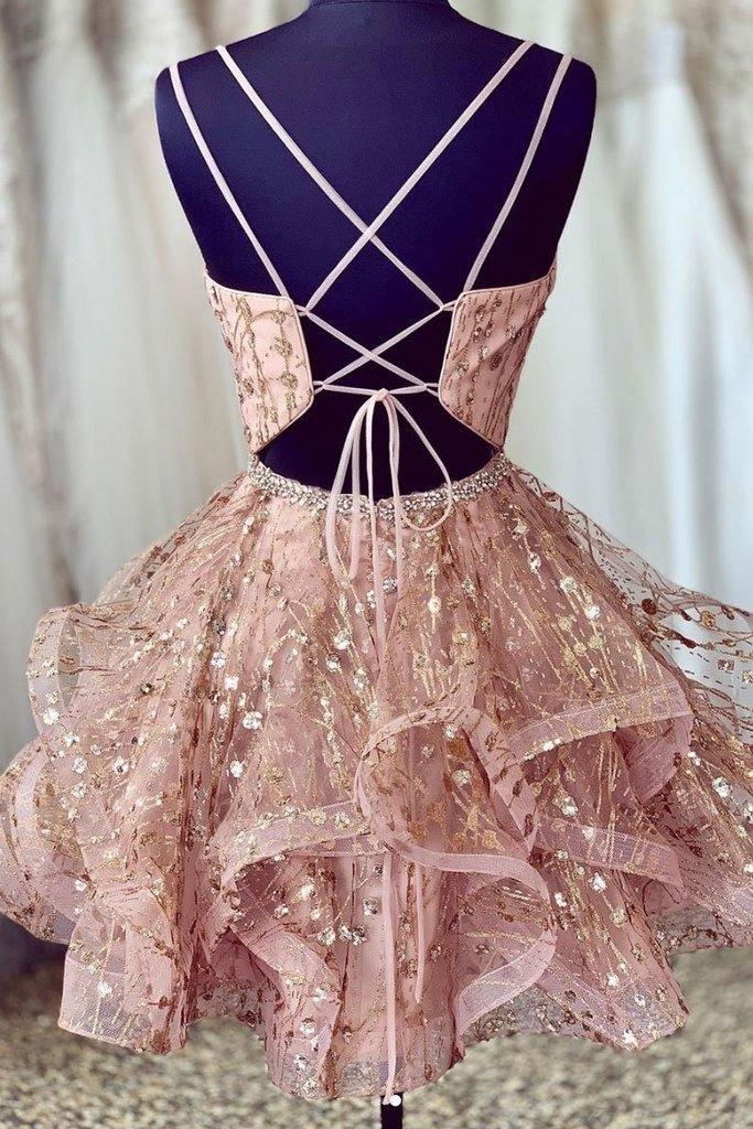 pink short homecoming dresses sequined party dress v-neck HD0118 Tirdress pink short homecoming dresses sequined party dress v-neck HD0118 Tirdress