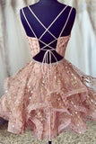 pink short homecoming dresses sequined party dress v-neck evening dress HD0118 - Tirdress
