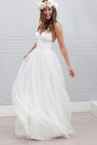 Einfaches, ärmelloses, bodenlanges, weißes Brautkleid mit V-Ausschnitt und offenem Rücken TN0042
