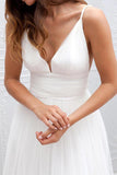 Simple V-neck Sleeveless Floor-Length Open Back White Wedding Dress TN0042 - Tirdress