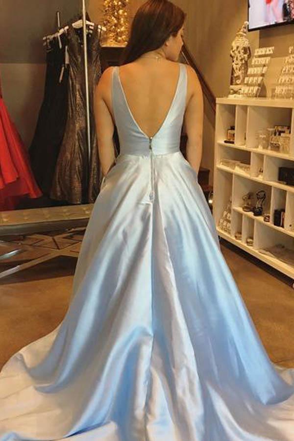 simple A-line V-neck Satin Cheap Prom Dresses with Pocket PG491 - Tirdress