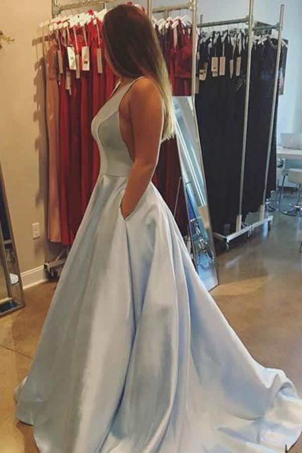 simple A-line V-neck Satin Cheap Prom Dresses with Pocket PG491 - Tirdress