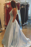 simple A-line V-neck Satin Cheap Prom Dresses with Pocket PG491 - Tirdress