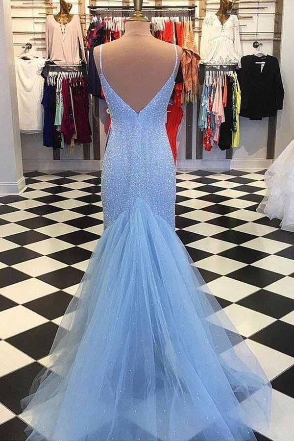 Straps Light Blue Mermaid Prom Dresses Beaded Backless Formal Dresses US4 / Custom Color Straps Light Blue Mermaid Prom Dresses Beaded Backless Formal Dresses US4 / Custom Color