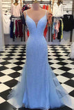 Straps Light Blue Mermaid Prom Dresses Beaded Backless Formal Dresses PG695