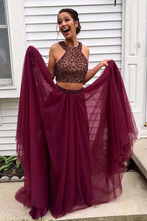 Two Piece Halter Burgundy Tulle Open Back Beaded Prom Dress Custom Size / As Picture Two Piece Halter Burgundy Tulle Open Back Beaded Prom Dress Custom Size / As Picture