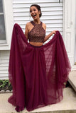 Two Piece Halter Burgundy Tulle Open Back Beaded Prom Dress TP0096